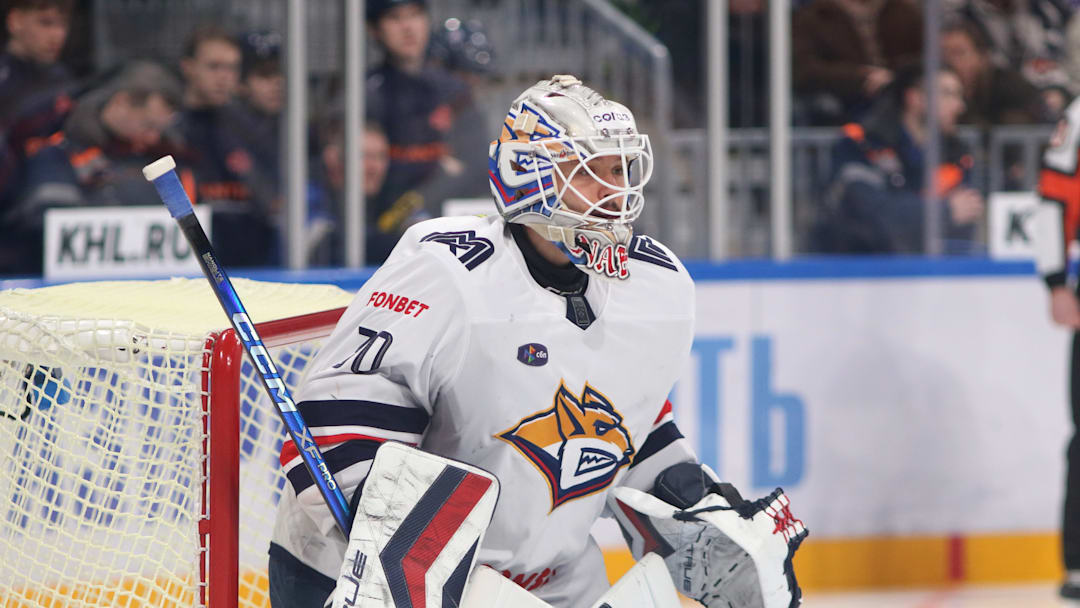 Ilya Nabokov (30) of Metallurg Hockey Club seen in action... Ilya Nabokov (30) of Metallurg Hockey Club seen in action...