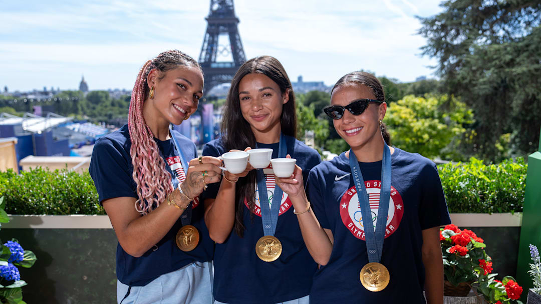 Trinity Rodman, Sophia Wilson, and Mallory Swanson during the 2024 Paris Olympics USWNT Gold Medal Tour
