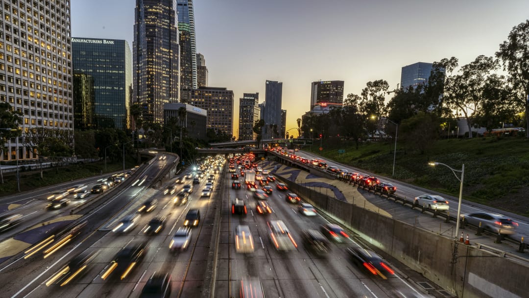 A view of down town Los Angeles skyline and traffic on the...