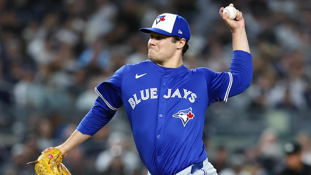 Oct 7, 2025; Bronx, New York, USA; Toronto Blue Jays relief pitcher Brendon Little (54) delivers a pitch in the sixth inning against the New York Yankees during game three of the ALDS round for the 2025 MLB playoffs at Yankee Stadium. Mandatory Credit: Wendell Cruz-Imagn Images