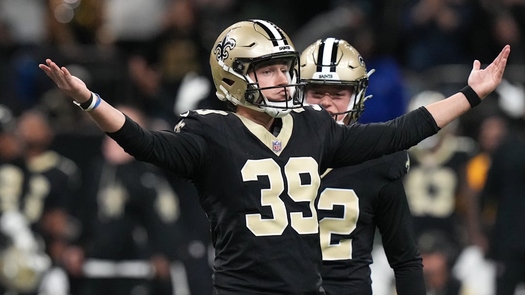 Dec 14, 2025; New Orleans, Louisiana, USA; New Orleans Saints place kicker Charlie Smyth (39) reacts after kicking the game winning field goal for a 20-17 win over the Carolina Panthers in the fourth quarter at Caesars Superdome. Mandatory Credit: Matthew Hinton-Imagn Images