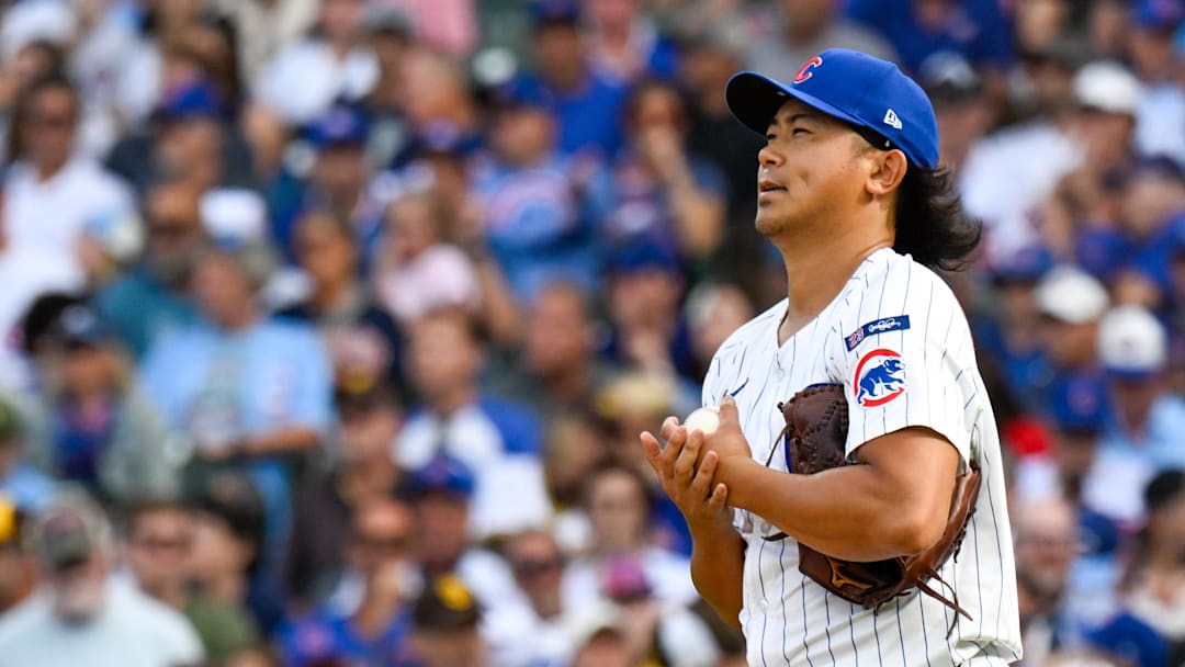 Oct 1, 2025; Chicago, Illinois, USA; Chicago Cubs relief pitcher Shota Imanaga (18) reacts after giving up a two-run home run in the fifth inning against the San Diego Padres during game two of the Wildcard round for the 2025 MLB playoffs at Wrigley Field. Mandatory Credit: Matt Marton-Imagn Images