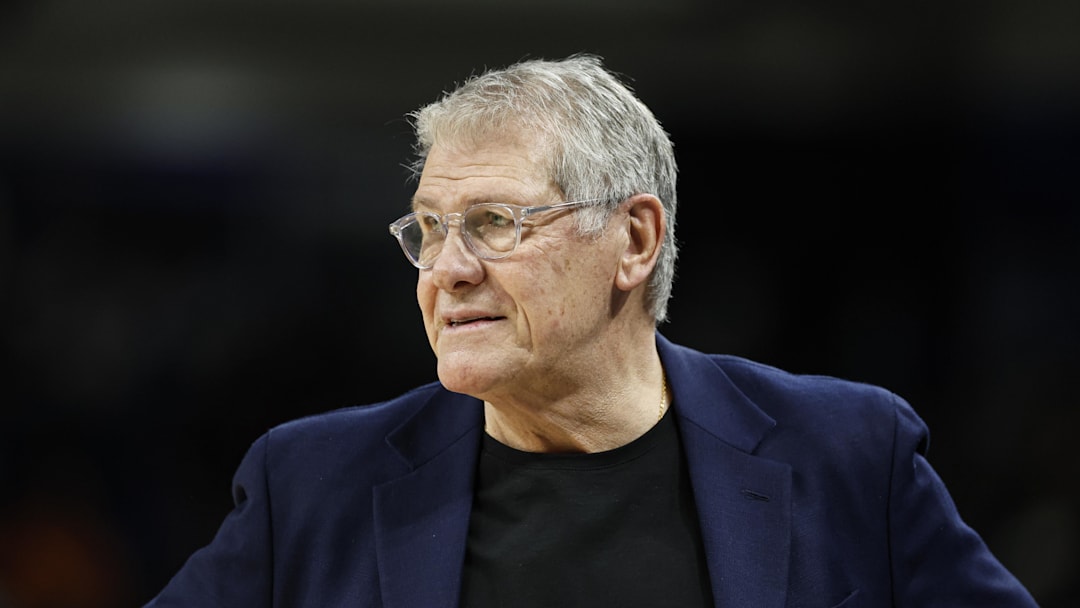 Feb 4, 2026; Chicago, Illinois, USA; UConn Huskies head coach Geno Auriemma looks on during the second half at Wintrust Arena. Mandatory Credit: Kamil Krzaczynski-Imagn Images