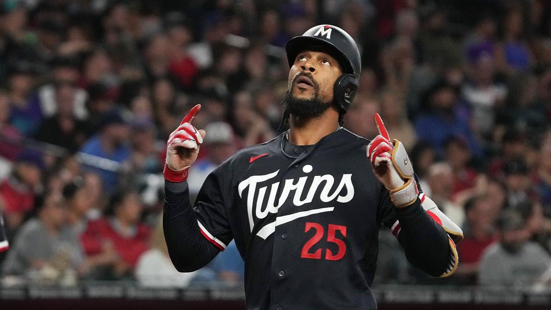 Jun 20, 2026; Phoenix, Arizona, USA; Minnesota Twins center fielder Byron Buxton (25) reacts after hitting a grand slam against  the Arizona Diamondbacks in the fifth inning at Chase Field. Mandatory Credit: Rick Scuteri-Imagn Images
