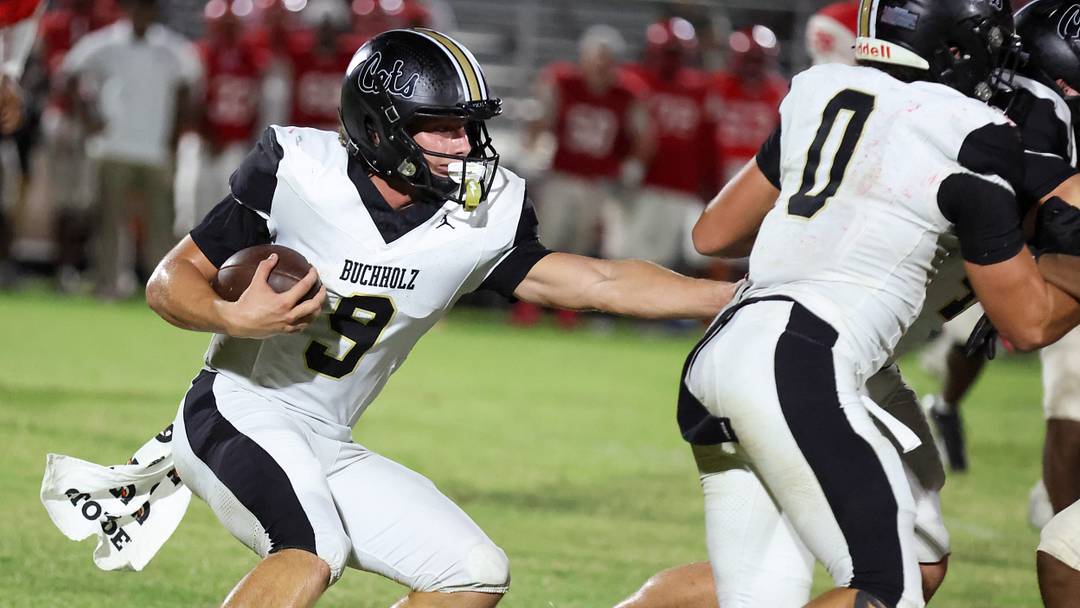 Buchholz quarterback Andrew Whittemore (9) runs during a game against Ocala Vanguard earlier this season. Last week, he passed for 151 yards and carried the ball 26 times for 132 yards in a 20-17 victory against Tampa Jesuit.