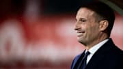 Massimiliano Allegri, head coach of Juventus FC, smile prior...