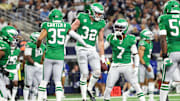 Nov 23, 2025; Arlington, Texas, USA; Philadelphia Eagles safety Reed Blankenship (32) celebrates after an interception in the second quarter at AT&T Stadium. Mandatory Credit: Kevin Jairaj-Imagn Images