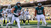 Dec 14, 2025; Philadelphia, Pennsylvania, USA; Philadelphia Eagles tight end Dallas Goedert (88) and linebacker Jalyx Hunt (58) celebrate after scoring a touchdown in the first quarter against the Las Vegas Raiders at Lincoln Financial Field. Mandatory Credit: Bill Streicher-Imagn Images