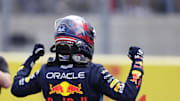 Oct 19, 2024; Austin, Texas, USA;  Max Verstappen of Red Bull Racing celebrates after winning the Sprint Race at the Formula One US Grand Prix at Circuit of the Americas. Mandatory Credit: Erich Schlegel-Imagn Images