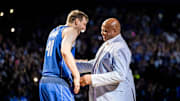 Apr 9, 2019; Dallas, TX, USA; Dallas Mavericks forward Dirk Nowitzki (41) greets former player Charles Barkley after a game against the Phoenix Suns at the American Airlines Center. Mandatory Credit: Jerome Miron-Imagn Images