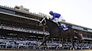 Nov 1, 2024; Del Mar, CA, USA; Immersive ridden by Manuel Franco wins the Juvenile Fillies during the 2024 Breeders' Cup Championship at Del Mar Thoroughbred Club. 
