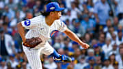 Oct 1, 2025; Chicago, Illinois, USA; Chicago Cubs relief pitcher Shota Imanaga (18) delivers a pitch against the San Diego Padres in the second inning in the during game two of the Wildcard round for the 2025 MLB playoffs at Wrigley Field. Mandatory Credit: Matt Marton-Imagn Images
