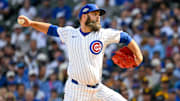 Oct 1, 2025; Chicago, Illinois, USA; Chicago Cubs starting pitcher Andrew Kittredge (59) delivers a pitch in the first inning against the San Diego Padres during game two of the Wildcard round for the 2025 MLB playoffs at Wrigley Field. Mandatory Credit: Matt Marton-Imagn Images