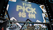Apr 28, 2022; Las Vegas, NV, USA;    The Pick Is In    is displayed before Georgia defensive end Travon Walker is announced as the first overall pick to the Jacksonville Jaguars during the first round of the 2022 NFL Draft at the NFL Draft Theater.  Mandatory Credit: Kirby Lee-Imagn Images