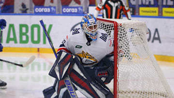 Metallurg Hockey Club player, Ilya Nabokov (30) seen in...