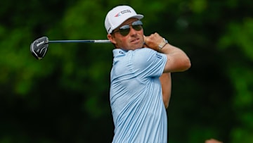Ben Griffin tees off during the opening round of the 2025 Memorial Tournament at Muirfield Village