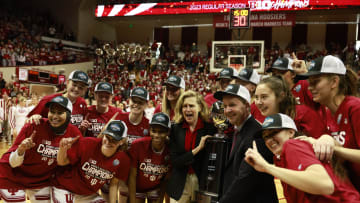 Indiana University president Pamela Whitten celebrates with...
