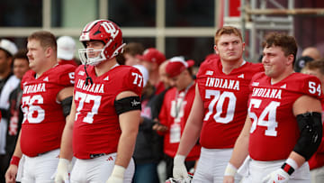 Indiana Hoosiers offensive lineman Tyler Stephens (77)...