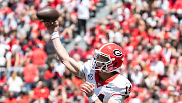 Quarterback Gunner Stockton slinging the long ball at the 2025 Spring practice game