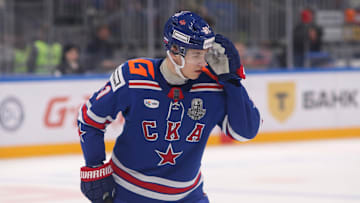 Ivan Demidov (91) of SKA Hockey Club seen in action during...