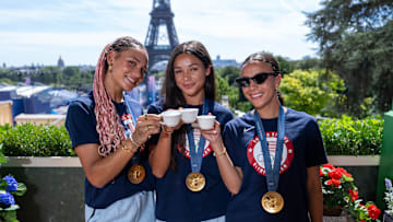 Trinity Rodman, Sophia Wilson, and Mallory Swanson during the 2024 Paris Olympics USWNT Gold Medal Tour