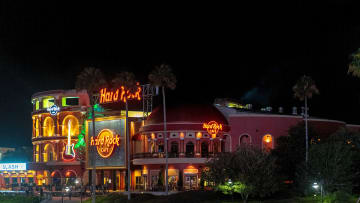 Hard Rock Cafe restaurant illuminated  at night in Universal...