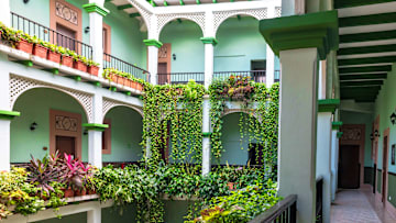 Hotel Barcelona central backyard decorated with beautiful...