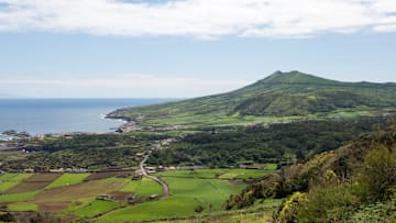 View of green pastures near Santa Cruz on Graciosa Island in...