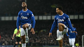 Beto and Iliman Ndiaye celebrating against Liverpool at Goodison Park last season.
