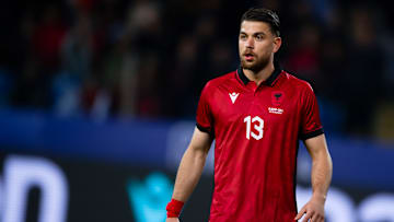 Enea Mihaj of Albania looks on during the international...