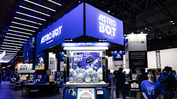 Astro Bot video game branding at the Playstation booth at...