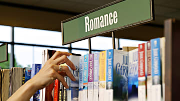 Romance novel section of a bookstore...