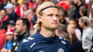 Kasper Dolberg (12) of Denmark seen prior to the friendly...