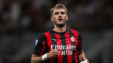 Santiago Gimenez of AC Milan reacts during the Serie A...