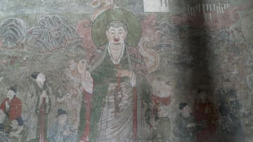 Ancient colorful fresco on the wall, remained from Ming Dynasty