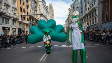 A man dressed as Saint Patrick during the celebration of...