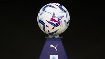 The official Serie A match ball Puma 'Orbita' is seen on a...