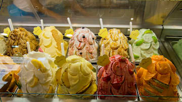Italian gelato store display in Siena, Tuscany, central...