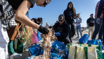 A group of volunteers separates trash they’ve collected from the sea.