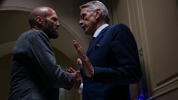 (L to R) Jason Statham as Clay and Jeremy Irons as Wallace Westwyld in director David Ayer's THE BEEKEEPER.

An Amazon MGM Studios film

Photo Credit: Daniel Smith

© 2024 Metro-Goldwyn-Mayer Pictures Inc. All Rights Reserved.