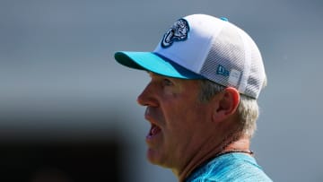 Jacksonville Jaguars head coach Doug Pederson instructs during the first day of an NFL football training camp practice Wednesday, July 24, 2024 at EverBank Stadium’s Miller Electric Center in Jacksonville, Fla.