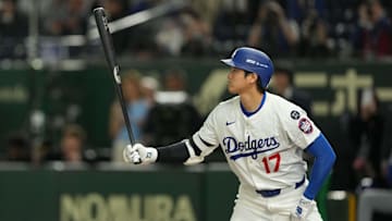 Mar 19, 2025; Bunkyo, Tokyo, JPN; Los Angeles Dodgers designated hitter Shohei Ohtani (17) taking an at-bat during the ninth inning against the Chicago Cubs during the Tokyo Series at Tokyo Dome. Mandatory Credit: Darren Yamashita-Imagn Images