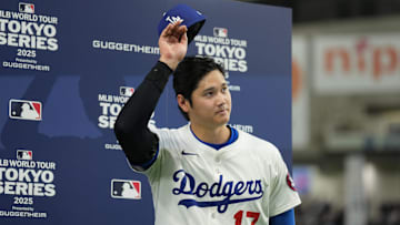 Mar 19, 2025; Bunkyo, Tokyo, JPN; Los Angeles Dodgers designated hitter Shohei Ohtani (17) tips his hat to fans after defeating the Chicago Cubs during the Tokyo Series at Tokyo Dome. 