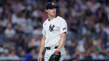 Jul 24, 2024; Bronx, New York, USA; New York Yankees starting pitcher Gerrit Cole (45) reacts during the fifth inning against the New York Mets at Yankee Stadium. Mandatory Credit: Brad Penner-USA TODAY Sports.