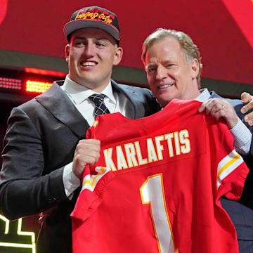 Apr 28, 2022; Las Vegas, NV, USA; Purdue defensive end George Karlaftis with NFL commissioner Roger Goodell after being selected as the thirtieth overall pick to the Kansas City Chiefs during the first round of the 2022 NFL Draft at the NFL Draft Theater. Mandatory Credit: Kirby Lee-Imagn Images