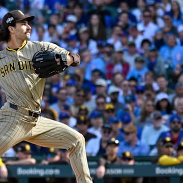 Oct 1, 2025; Chicago, Illinois, USA; San Diego Padres starting pitcher Dylan Cease (84) delivers a pitch against the Chicago Cubs in the first inning during game two of the Wildcard round for the 2025 MLB playoffs at Wrigley Field. Mandatory Credit: Matt Marton-Imagn Images