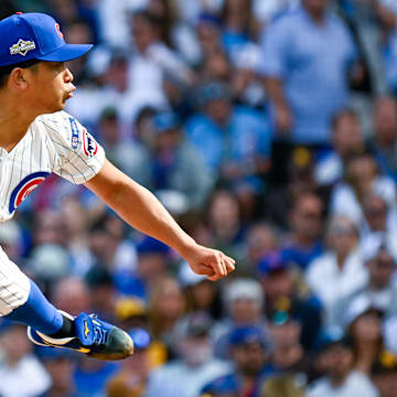 Oct 1, 2025; Chicago, Illinois, USA; Chicago Cubs relief pitcher Shota Imanaga (18) delivers a pitch against the San Diego Padres in the second inning in the during game two of the Wildcard round for the 2025 MLB playoffs at Wrigley Field. Mandatory Credit: Matt Marton-Imagn Images
