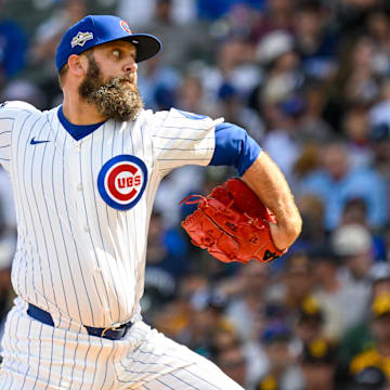 Oct 1, 2025; Chicago, Illinois, USA; Chicago Cubs starting pitcher Andrew Kittredge (59) delivers a pitch in the first inning against the San Diego Padres during game two of the Wildcard round for the 2025 MLB playoffs at Wrigley Field. Mandatory Credit: Matt Marton-Imagn Images