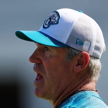 Jacksonville Jaguars head coach Doug Pederson instructs during the first day of an NFL football training camp practice Wednesday, July 24, 2024 at EverBank Stadium’s Miller Electric Center in Jacksonville, Fla.