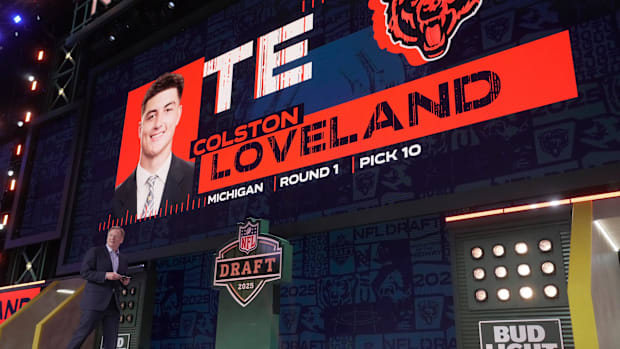 Colston Loveland, TE, Michigan was selected 10th overall by the Chicago Bears during the first round of the 2025 NFL Draft at